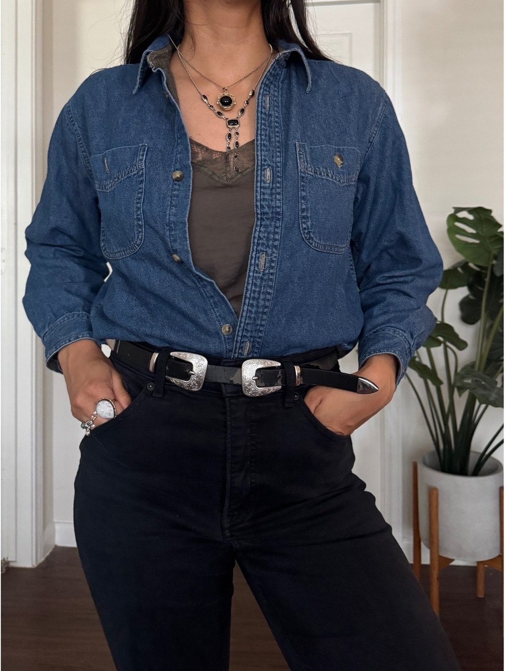 Vintage 90s Y2K Denim Shacket Flannel Lined Boys Large/Women S Overshirt Jacket